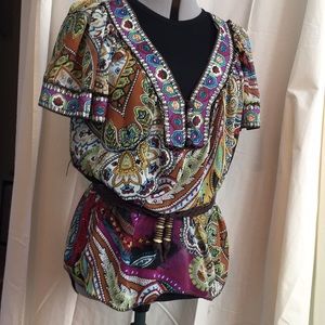 ECI Printed sheer shirt with cami and rope belt